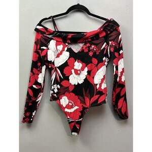 Guess Bodysuit Womens Small Red Black White Floral Long Sleeve Off‎ Shoulder Top